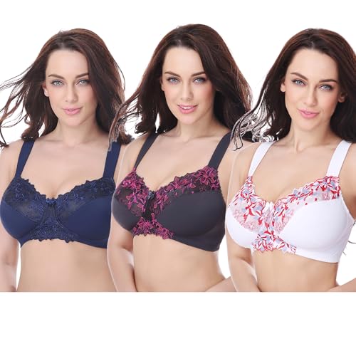 Image of Curve Muse Plus Size Minimizer Unlined Wireless Bra with Lace Embroidery-3Pack