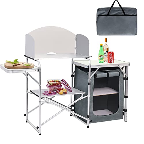 Camping Kitchen Table 2-Tier Camp Cook Table with Windscreen and Storage Organizer Portable Folding Adjustable Kitchen Table for BBQ, Picnic, Outdoor Activities
