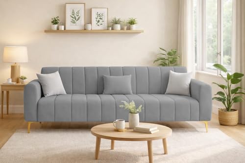 Image of Casaliving Velour Modern Velvet Sofa, Tufted Design Upholstered 3 Seater Sofa Set for Living Room, (Dark Grey Colour) Premium Velvet Fabric Sofa