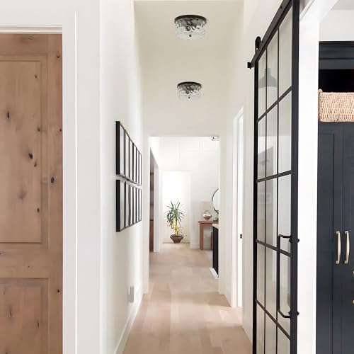 Image of LamQee 9.8 inch Small Flush Mount Ceiling Light With Clear Hammered Glass, Black Hallway Light Fixtures Ceiling Mount for Bathroom, 2-Lights Farmhouse Close To Ceiling Light Kitchen Foyer Entryway Bedroom