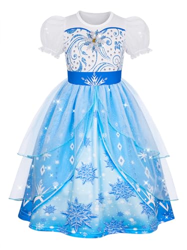Febbabe Vestido de princesa para niñas, manga abombada, vestido de princesa azul en capas, disfraz de Halloween, reina de la nieve, cosplay, 5-6 años