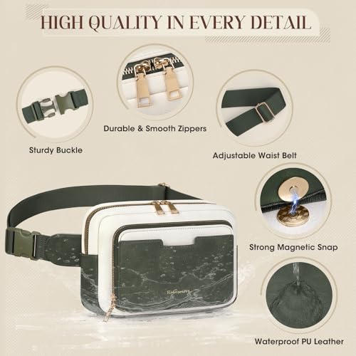 Image of RAINSMORE Fanny Packs for Women, Leather Belt Bag Waterproof Everywhere Crossbody Waist Pack with Adjustable Strap Retro Sling Chest Bag for Work Running Travel Party, Dark Green with White