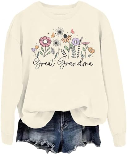 SJZJS Great Grandma Sweatshirt Great Grandma Shirt Flowers Graphic Crewneck Long Sleeves For Women Men Khaki