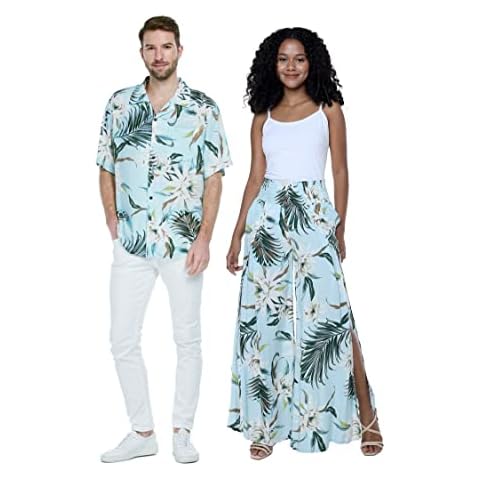Matchable Couple Hawaiian Luau Shirt in Wispy Cereus Light Blue, Men, L Cover
