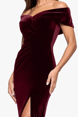 Image of Xscape Women's Long Velvet Off-The-Shoulder Sweetheart Neckline Dress with Leg Slit and Center Back Zipper