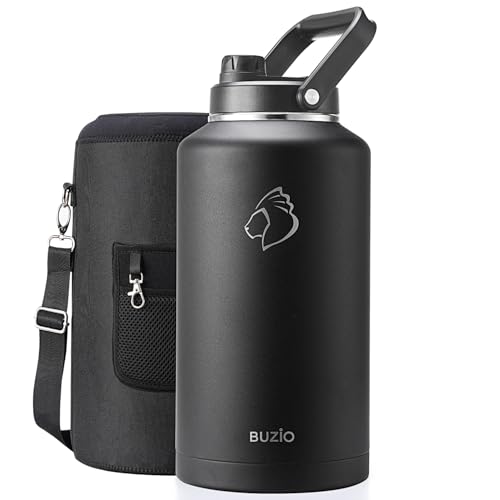 BUZIO 2 Gallon Water Bottle Insulated, (Cold for 48 Hrs) 256oz Extra Large Water Jug Stainless Steel, 4.4in Big Wide Mouth Leak Proof Metal Flask with Handle for Camping,Outdoor Work,Travel, Black