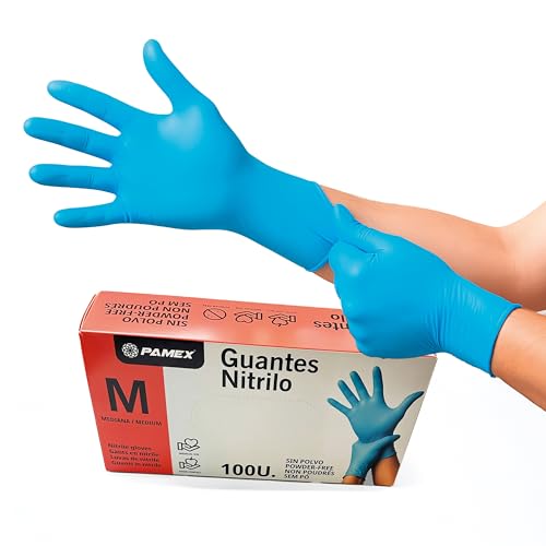 PAMEX - Guantes Nitrilo Sin Polvo Caja 100 unidades Resistencia Comodidad Protección, Uso Profesional Ajuste Eegonómico, Higiene y Precisión, Food Contact (M)