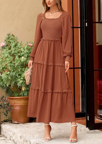 PRETTYGARDEN Fall Dresses for Women 2025 Long Sleeve Smocked Square Neck Swiss Dot Tiered Flowy Wedding Guest Maxi Dress