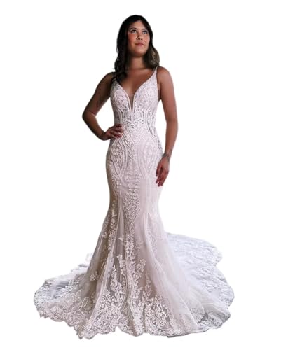 PUXIU Ivory Spaghetti Strap Mermaid V Neck Wedding Dresses for Bride 2024 Tulle Lace Applique Boho Elegant Beach Bridal Gowns 12