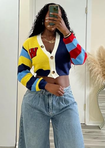 ksotutm Cardigan Sweaters for Women Cropped Knit Sweaters Colorful Short Button Coat Fall Sweaters2