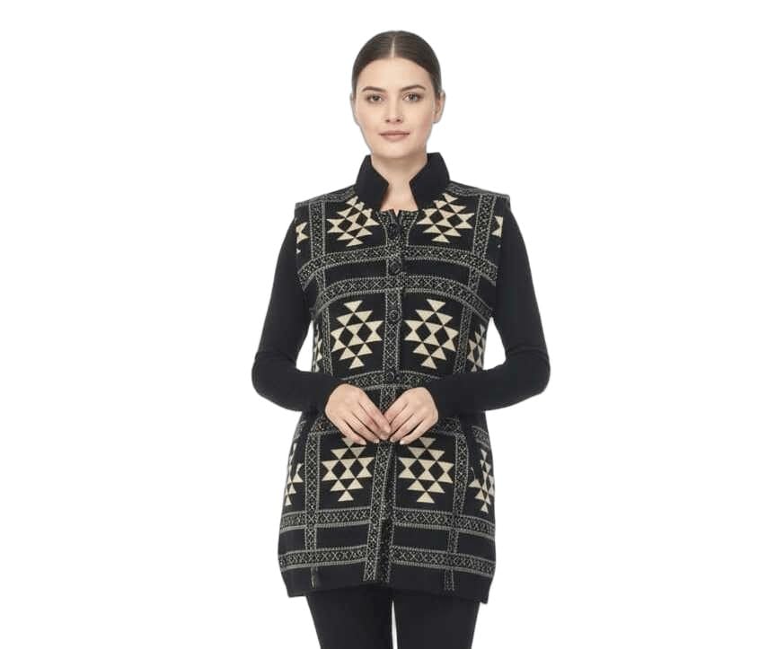 VAX VAX Women's Premium Hair Yarn Sleeveless Winter Cardigan | Elegant Mandarin Collar Geometric Print Sweater Vest | Warm Longline Ethnic Fusion Winter Wear-image-2