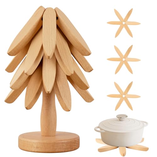 Vertdens Salvamanteles de madera para platos calientes, juego de salvamanteles en forma de árbol, posavasos con forma de árbol plegable de madera para restaurante, 4 salvamanteles de madera + 1