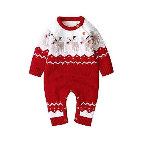 Unisex Infant Baby Christmas Outfit Sweater Jumpsuit Toddler Reindeer Knit Xmas Romper Clothes (Red, 0-3 Months)