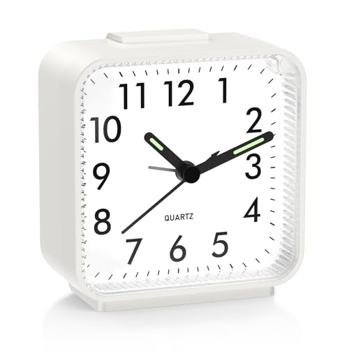 ORIA Analog Alarm Clock, Small Non Ticking Alarm Clock, 3 in Quartz Movement Silent Alarm Clock with Light, Snooze Function, Increasing Alarm Sound, Simple Alarm Clock for Elderly, Teen, White