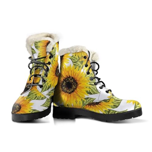 Sunflower Pattern Faux Fur Leather Boots - Women's Stylish Doodle