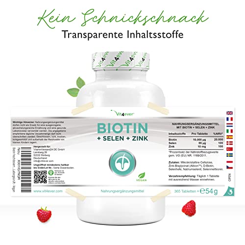 Foto von Biotin hochdosiert 10.000 mcg + Selen + Zink - 365 Tabletten für Haut, Haare & Nägel - Premium: Mit bioaktives Biotin & Zinkbisglycinat von Albion® - Vegan - Laborgeprüft