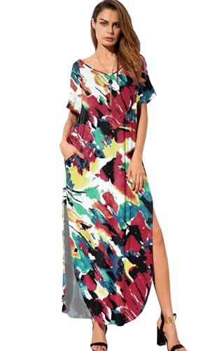 Image of GRECERELLE Women's Summer Maxi Dress Casual Loose V Neck Short Sleeve Side Split Long Dresses with Functional Pockets