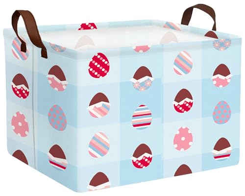 Image of Large Rectangular Easter Baskets Empty Waterproof Boy Toy Box Foldable Kid's Gifts Storage Bin Spring Room Decor(Blue Checkered Egg)