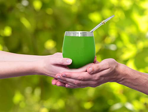 Novomates Double Wall Stainless Steel Yerba Mate Cup With Stanley Steel Bombilla Mate - Yerba Mate Cup And Bombilla Set - Yerba Mate Gourd - Bombilla Mate And Mate Tea Cup 8Oz (237Ml) (Green) #TOP4