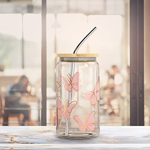 Iced Coffee Cup With Bamboo Lids And Straws | 16 Oz Mason Jar Cups & Iced Coffee Tumbler With Lid And Straw | Glass Cups For Iced Coffee, Boba Cup | Beer Can Glass & Smoothie Cup - Butterfly #TOP4