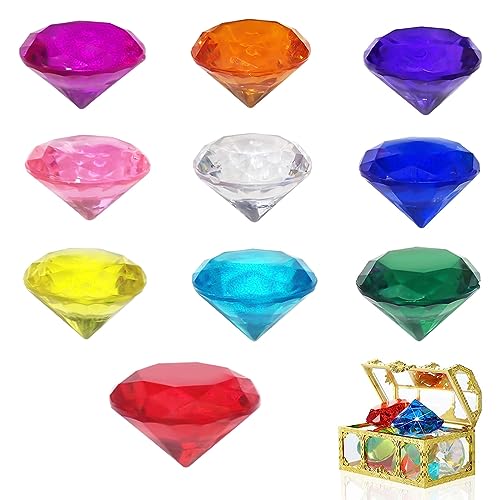 10Pcs 40mm Big Size Kids Diamond Gemstones, Acrylic Diamond Gems Large Jewels, Large Pirate Treasure Chest Hunt Toy Children Gemstones Crystals for Pirate Treasure Hunt Diving Teaching (No Chest)