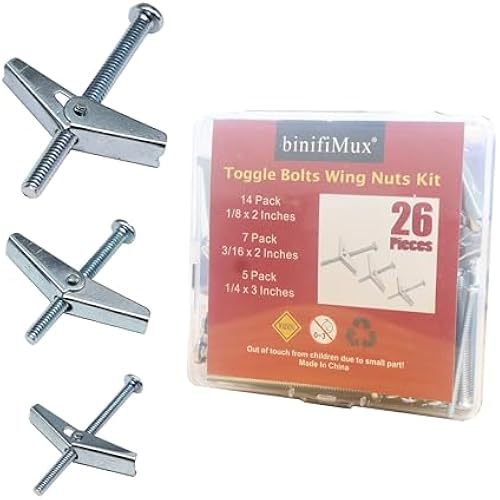 26 Pieces Toggle Bolt and Wing Nut Assortment Kit for Drywall Hanging Heavy Items 1/8" 3/16" 1/4"