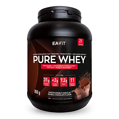 EAFIT Pure Whey - Double Chocolat 850g - Croissance Musculaire - Protéines de Whey - Assimilation Rapide - Acides Aminés et des enzymes Digestives - Complexe High Amino - Certifié Anti-Dopage Cover