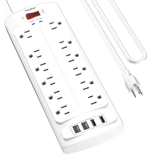 Image of 6 Ft Extension Cord Power Strip, Teiobar Surge Protector with 12 AC Outlets and 4 USB Ports for Home, Office, Dorm Essentials, 2700 Joules, ETL Listed, White