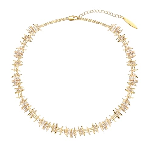 Gold Chunky Chain Necklace for Women, 18K Gold Plated Handmade Braided Cubic Zirconia Chain Choker Necklace Dainty Gold Choker Necklaces for Women Gifts Jewelry 16.9