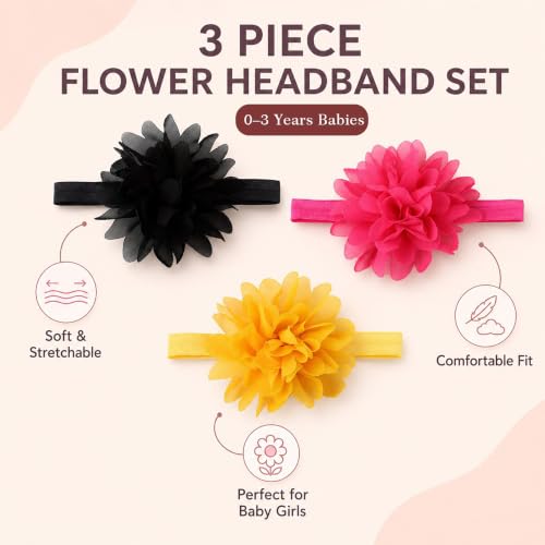 Image of Babymoon Set of 3 | Plain Flowers Soft Synthetic Hairbands for Baby Girls, Infants and Toddlers Headbands | Black-Yellow-Darkpink