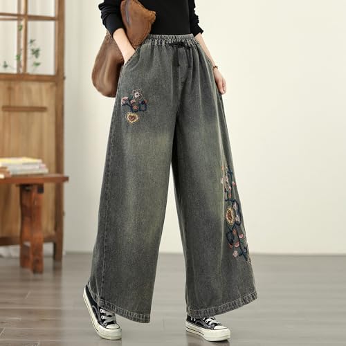 LAI MENG FIVE CATS Women's Baggy Jeans Embroidery Drawstring Elastic Waist Wide Leg Denim Loose Pants3