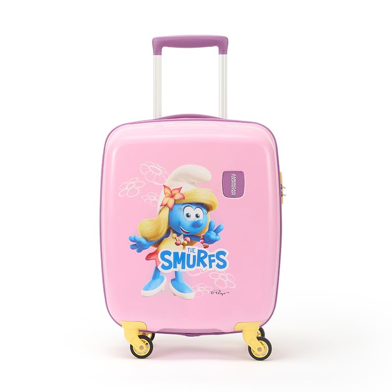 Image of American Tourister Smurfs 53 CM Small Suitcase with Combination Non TSA Lock & 4 Wheels Hard-Sided PC Cabin Luggage /Trolley Bag for Travel /Luggage Bag with Spinner Wheels for Travel- Pink /Purple
