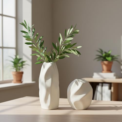 Image of PUREZENTO 'Mudstone' White Ceramic Vase - Set of 2 | Centerpiece & Showpiece Vases for Home Decor, Bedroom, Bookshelf & Tabletop Styling | Decorative Vase for Pampas Grass, Dried & Artificial Flowers