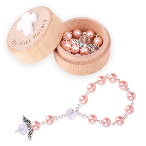 Fukaisu My First Rosary Baptism Gifts, Baptism Memorial Box & Rosary Bracelet with Angel Wings Catholic First Communion Christening Beads Gifting Set for Baby Shower (Pink)