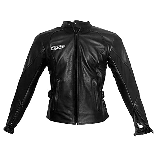 WinNet Giacca da Moto in Pelle Nera per Donna con Protezioni Omologate C.E.