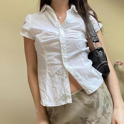Women's Button Up Shirt Slim Fitted Cap Sleeve V Neck Top Y2k Coquette Button Down Shirt2