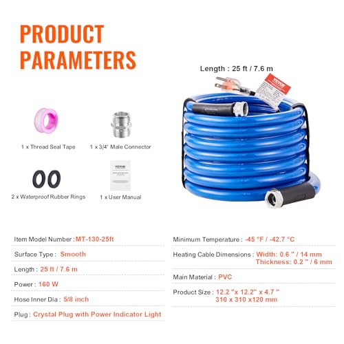 VEVOR 25 Fuß beheizter Wasserschlauch für Wohnmobil, beheizter Trinkwasserschlauch mit Frostschutz bis -45 °F, automatisch selbstregulierend, 5/8 Zoll Innendurchmesser mit Schnellanschluss-Set