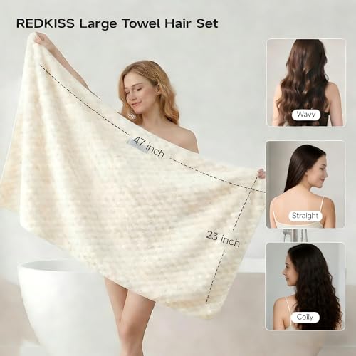 Image of REDKISS 4 Pack Extra Large Hair Towels - Microfiber Oversized Hair Towel Wrap for Women, 23 x 47 inches Hair Towels with Elastic Strap, Super Soft Hair Drying Towels for Long, Thick, Curly Turbans