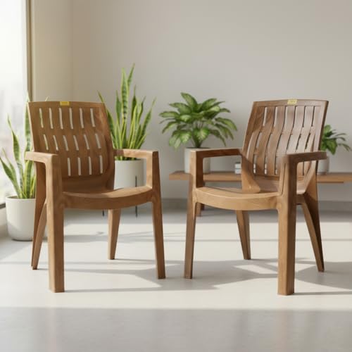 Image of Patiofy Plastic Chair Set of 2 for Home & Outdoor Use | Heavy Duty Comfortable Chair with Strong Legs | Stackable, Easy to Clean | Suitable for Living Room, Balcony (Pack of 2-Spino | Sandalwood)