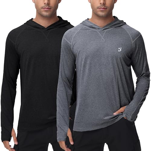 Roadbox Mens Long Sleeve Sun Shirts, 2 Pack UPF 50+ UV Protection Hoodie Shirt for Fishing Hiking Running Workout Swim