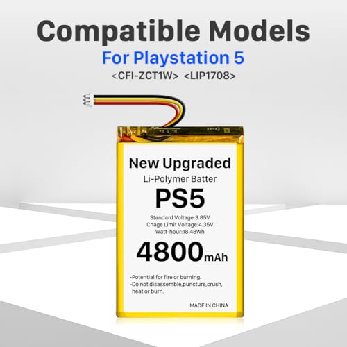 Opakowanie 2 sztuk baterii do kontrolera PS5, [Ulepszona] 4800 mAh LIP1708 litowo-jonowa bateria zamienna do kontrolera Sony Playstation 5 Dualsense CFI-ZCT1W, zastępuje pakiet baterii PS5 LIP1708 z