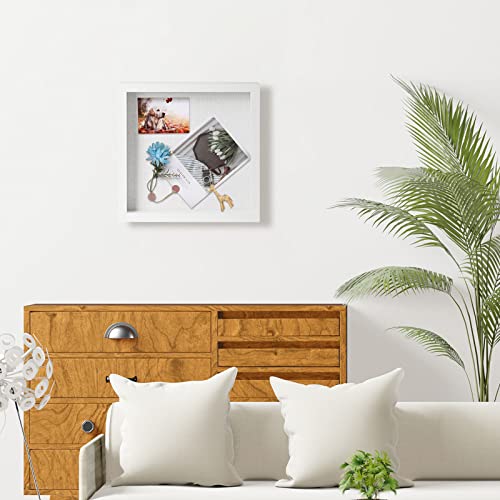 Image of Muzilife 8x8 Shadow Box Picture Frame with Linen Board - Deep Wood & Glass Display Case Ready to Hang Perfect to Display Baby & Sports Memorabilia, Pins, Awards, Medals, Tickets and Photos (White)