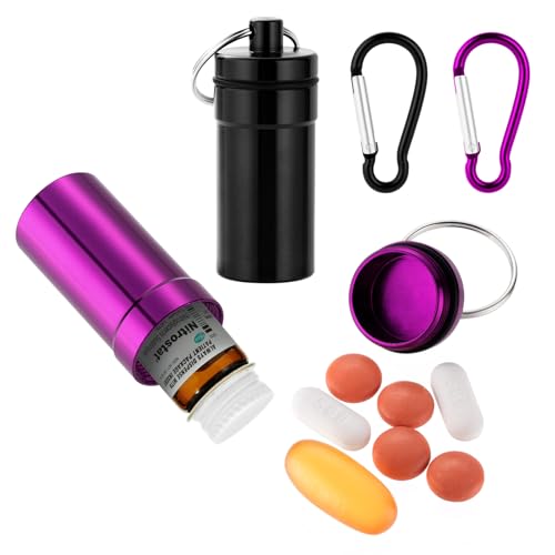 Keychain Pill Holder for Nitroglycerin 2 Pack Mini Waterproof Portable Travel Purse Pocket Pill Case Keychain Fob Container for 25ct Nitro/Nitroglycerin Bottle (Black + Purple)