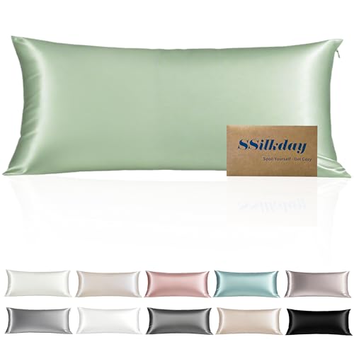 Mulberry Silk Body Pillow Pillowcase with Zipper, Ultra Smooth Soft Breathable Cooling Pillow Cases for Hot Sleepers, Silk Satin Body Pillow Cover for Hair and Skin (Sage Green, 20×54 Inches, 1 Pack)