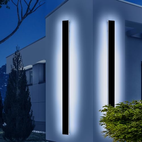 Image of 2 Pack 71inch Exterior Wall Light Fixture, 6000K Cold White Modern Long Outdoor Wall Sconce, IP65 Waterproof, 60W, Black Minimalist Outside LED Strip Lights for Garage, Patio, Balcony, Fence