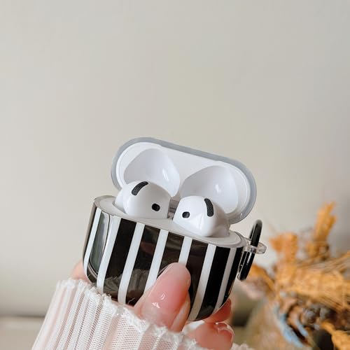 Image of MINSCOSE for AirPods 4 Case,Cute Striped Aesthetic Pattern Design with Trendy Keychain Ring,Soft TPU Protective Shockproof Cover with Cleaner Kit for Girls Women for Airpods 4-Black