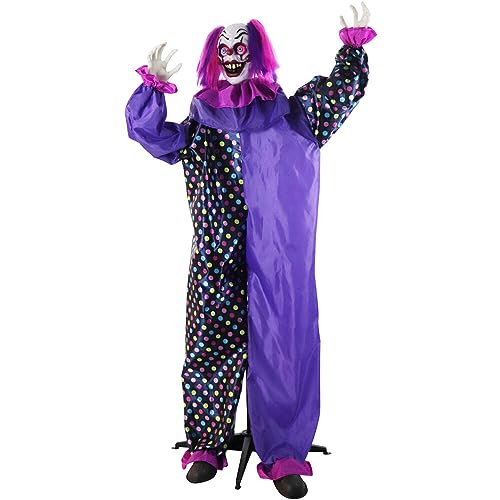 Haunted Hill Farm Animatronic Talking Clown with Waving Hand and Light-Up Eyeballs for Battery Operated Scary Indoor or Covered Outdoor Halloween Decoration