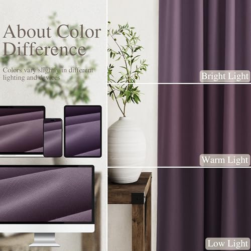 Image of Plum 100% Blackout Linen Curtains for Bedroom 102 Inches Long Back Tab Thermal Insulated Luxury Modern Boho Decor Black Out Curtain for Living Room Dining Room Office Drapes 52x102, 2 Panels