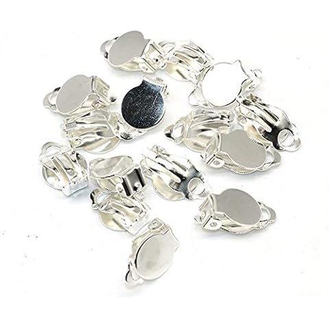 20 PCS (10 Pairs) Clip-on Earring Findings Pad Base Flat Back Round Tray Blank Setting No Need Ear Pierced Non Piercing Jewelry Accessories (silver, 16 x 10 mm Tray 10 mm) Cover