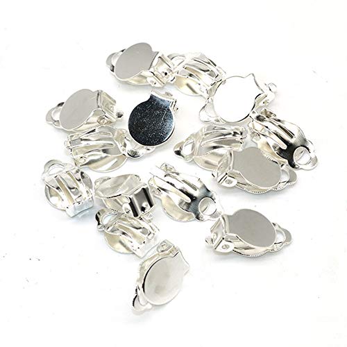 20 PCS (10 Pairs) Clip-on Earring Findings Pad Base Flat Back Round Tray Blank Setting No Need Ear Pierced Non Piercing Jewelry Accessories (Silver, 16 x 10 mm Tray 10 mm)